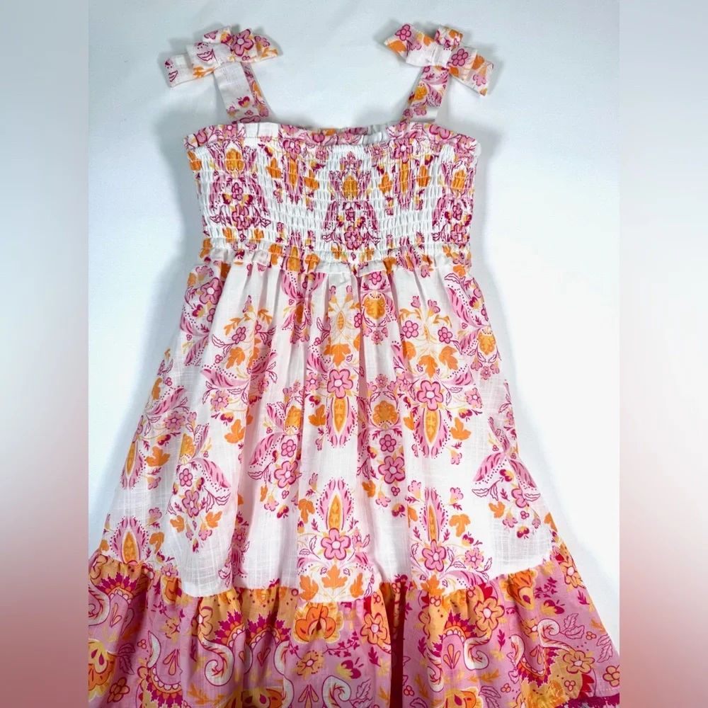 HAUTE HIPPIE Girls’ Paisley Floral‎ Bohemian Tiered Smocked Sundress Preppy 4